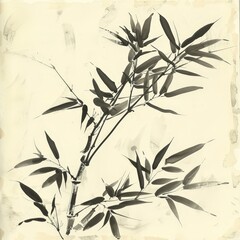 Bamboo_Branches_Black_and_White_Ink_Drawing,Hand-drawn black and white ink illustration of bamboo branches, leaves, and stalks in traditional Asian art style