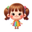 Bright and friendly 3D cartoon girl with pigtails, smiling in a vibrant multicolored dress, creating a sense of joy and playfulness.