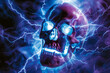 A skull with glowing eyes surrounded by blue lightning, set against an electric background