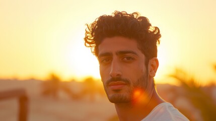 Wall Mural - Serene Sunset Portrait of a Young Man with Curly Hair