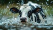 Cow splashing in water, a natural landscape scene captured in black and white