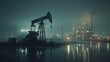 An oil pump and refinery illuminated at night with fog, creating a dramatic scene that underscores the energy sector's challenges