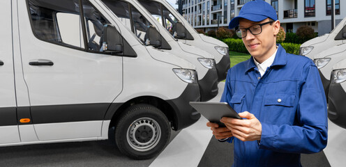 Poster - Manager with a digital tablet on the background of delivery van. Fleet management.