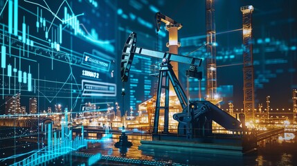 Oil extraction machinery at work, with digital displays showing global financial data and stock market trends related to natural resources