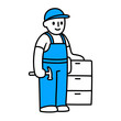 Carpenter, cabinet maker doodle icon. Cute cartoon drawing of character with hammer and cabinet furniture. 