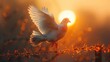 Dove takes flight against a sunset backdrop. Generative AI