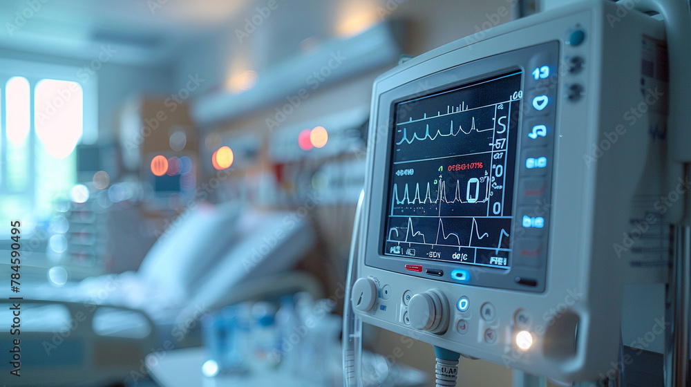 Close-up of a modern heart rate monitor displaying vital signs such as ...