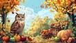 Owls Celebrating Bountiful Harvest in Autumn Orchard Landscape