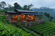 Evening Craftsman house with a neighboring tea plantation and gentle slopes
