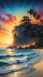 Farbenfrohes Gemälde - Fantasy - Traumhafte Landschaft - Küste mit Sonnenuntergang