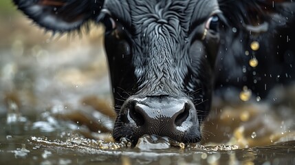 A black bull with horns standing in muddy water on a farm