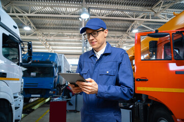 Poster - Serviceman with digital tablet on the background of the truck in the garage.