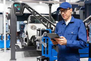Poster - Serviceman with digital tablet on the background of the car in the car service.