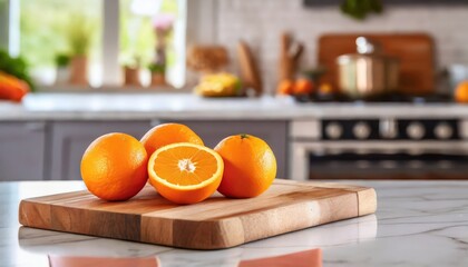 A selection of fresh fruit: oranges, sitting on a chopping board against blurred kitchen background; copy space
