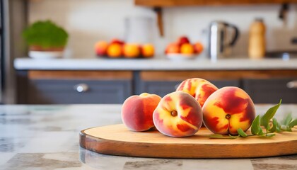 A selection of fresh fruit: peaches, sitting on a chopping board against blurred kitchen background; copy space
