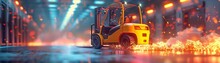 Illustrate a dynamic scene of a sleek, modern forklift in a cyber-themed storage facility, emphasizing the intricate details of the machinery and the industrial surroundings in a digital rendering