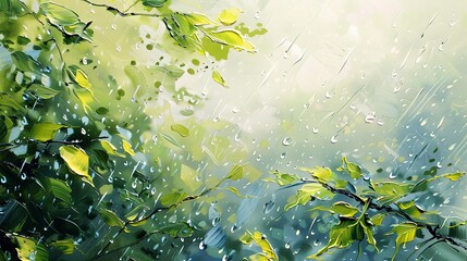  Oil paint, spring rain, fresh greens, overcast sky, close-up, raindrop effect.