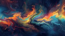 Oil Painting Abstract, Fractal Waves, Oil Effect, Neon Palette, Night, Panoramic, Flowing Motion. 