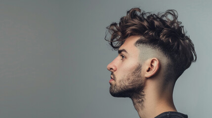 stylish man modern haircut subtle stubble profile view. fashion male hairstyle. copy space