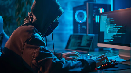 Unknown cyber criminal hacks systems, types codes, analyzes data, wears hoodie night office