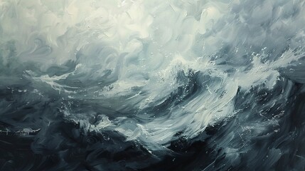 Poster - Oil paint, stormy sea, tumultuous grays and whites, overcast, macro, swirling tempest. 