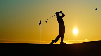 A golfer silhouetted against the setting sun, taking a final shot of the day, the golf ball soaring towards the green.