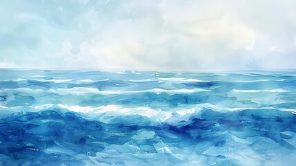  Abstract Oil painting, watercolor ocean, serene blues, midday, panoramic view, soft wave patterns. 