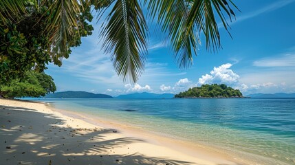 Wall Mural - Beach Tropical. Sandy Shore with Palm Trees and Island in Summer Sky Background