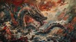 Oil paint, Chinese dragons, imperial reds, twilight, panoramic angle, dynamic flow. 