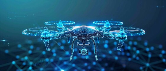 smart blue digital  hologram drone with camera , ai in aerial surveillance systems, autonomous flight navigation, remote sensing technologies, and disaster response coordination.
