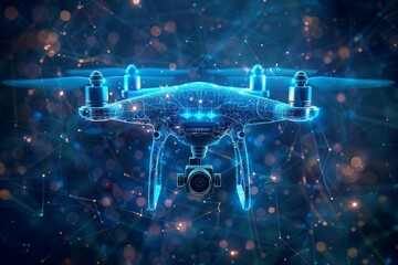 Wall Mural - smart blue digital  hologram drone with camera , ai in aerial surveillance systems, autonomous flight navigation, remote sensing technologies, and disaster response coordination.
