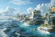Futuristic Conceptual coastal community sustained by wave and tidal energy, Tiered seaside eco-homes brave rough seas; sun breaks through clouds, casting dynamic light on verdant architecture,