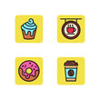 Coffee shop desserts line icon set. Cupcake, donut, frosting, sweetness, dessert, coffeepot, glass hot drink to go. Coffee house concept. Can be used for topics like sweet food, bakery, cafe