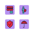 Insurance line icon set. Umbrella, credit card with padlock, agent, shield with checkmark. Guarantee, security, protection concept. Can be used for web and app design, emblem