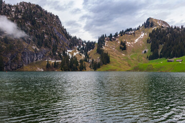 Sticker - View of the Lake Hinterstocken at the foot of Stockhorn peak in Bernese Oberland, Switzerland