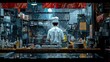 Explore the intricate layers of the human mind through a rear view portrait of a chef in a moment of introspection, rendered in pixel art with a tilted, overhead perspective