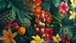 Background of tropical flowers and fruits. Top view. AI generative.