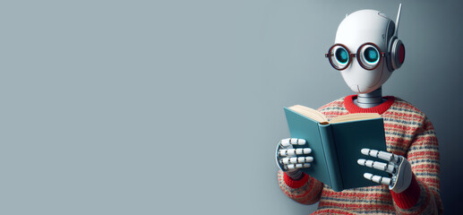 A robot wearing glasses and a sweater reads a book on a plain gray background with copy space for text. Concept of learning, education, reading. World Book Day.