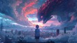 Enigmatic Techno Animals Soaring Over Futuristic Cityscape in Dramatic Anime Inspired Sky