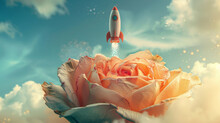 Rocket Flying Over Rose In The Sky