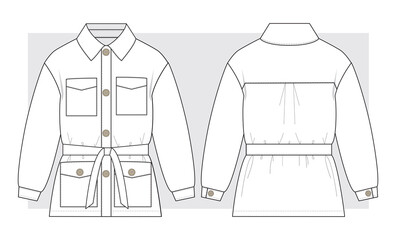Wall Mural - Shirt jacket with ties at the waist technical sketch. Vector illustration.