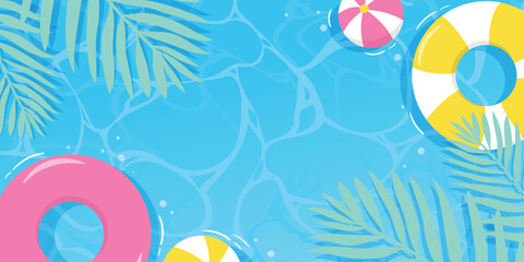  Hello Summer water surface background vector. Blue sea hand drawn backdrop design of ocean, sea, pool, swim ring, beach ball, palm leaf. Tropical summer time illustration for cover, promotion, sale.