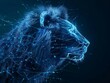 blue digital  hologram lion head , ai in wildlife conservation efforts, habitat monitoring systems, animal behavior analysis, and ecological balance preservation. lion wireframe low poly. 
