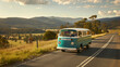 A road trip adventure in a vintage van, winding through picturesque countryside roads, with stops at roadside farmers' markets and local landmarks.