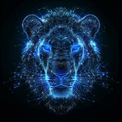 Wall Mural - blue digital  hologram lion head , ai in wildlife conservation efforts, habitat monitoring systems, animal behavior analysis, and ecological balance preservation. lion wireframe low poly. 
