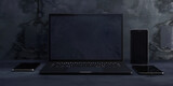 Fototapeta Londyn - 3d Illustration Of Laptop Computer Placed On A Black Shelf Background Banner