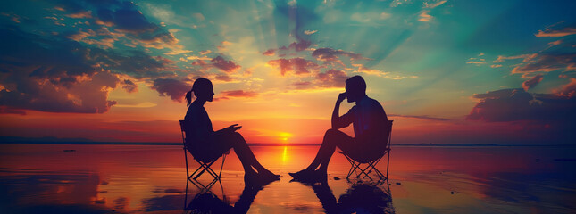 Dark silhouettes of a man and a woman sitting opposite each other in profile and talking against the background of a colorful sea sunset. Concept of psychological help of a specialist, interview.