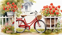 A Painting Depicting A Red Bicycle Parked Next To A Fence In A Yard Setting. Generative AI