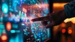 © stockpro - A finger touches a futuristic screen with glowing data.