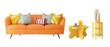 living room with orange sofa and yellow tables